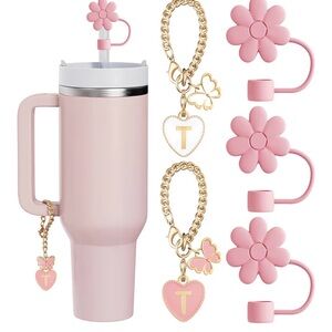 Kids Pink Travel Tumbler with Flower Straw Cap & Heart Charm